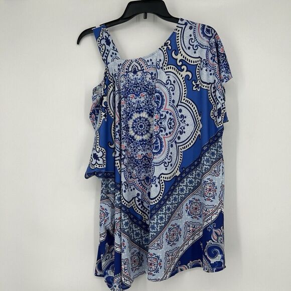 One World Boho Top Blue Mixed Pattern One Cold Shoulder Stretch Whimsy Size XL - Picture 5 of 9